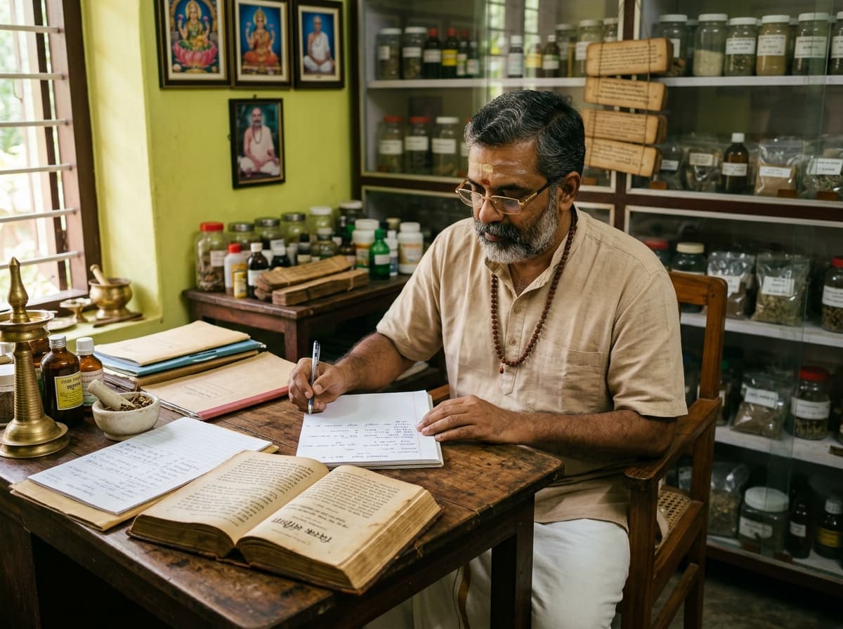 Experienced Ayurvedic Vaidya reviewing patient health notes and assessment details