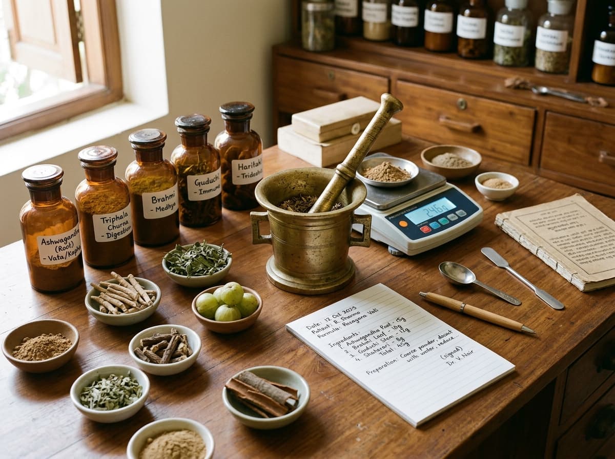 Ayurvedic Vaidya preparing a personalised care plan with medicines, herbs and handwritten notes